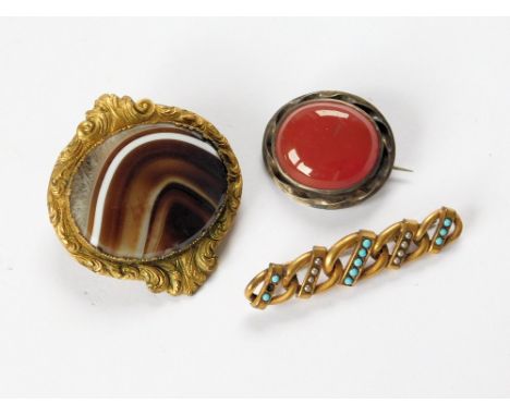 BROOCHES. Three 19th century brooches, including banded agate & turquoise with seed pearl. Also, a carnelian set brooch (agat