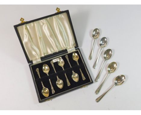 SILVER SPOONS. A set of silver Celtic reproduction demitasse spoons, cased. Birmingham 1961. Also, a set of five rat tail tea