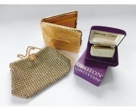 HANDBAG ETC. An Austrian gilt metal mounted, paste & glass bead evening bag. Also, a Stratton gold leather cigarette case & a