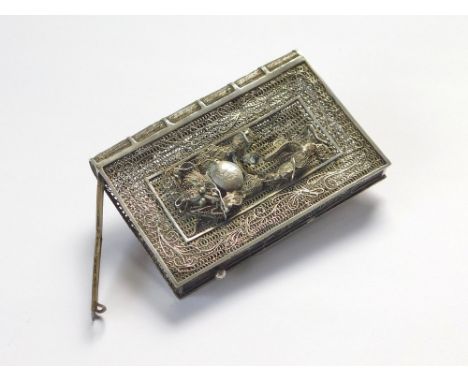 FILIGREE CARD CASE. A Chinese white metal filigree card case, the front with a dragon (Some elements missing), and initialled