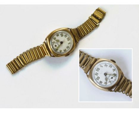 GOLD CASED WATCH. A 9ct. gold cased wristwatch, the case stamped 'Meteor' & hallmarked for Birmingham 1933. The white enamel 