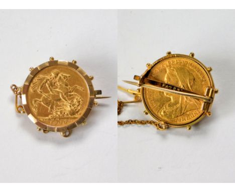 GOLD COIN BROOCH. A Queen Victoria 1900 full sovereign in patent coin mount.  Please note that all items in this auction are 