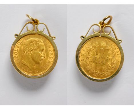 COIN PENDANT. A Napoleon III 1866, 10 francs coin in 9ct. gold pendant mount.  Please note that all items in this auction are