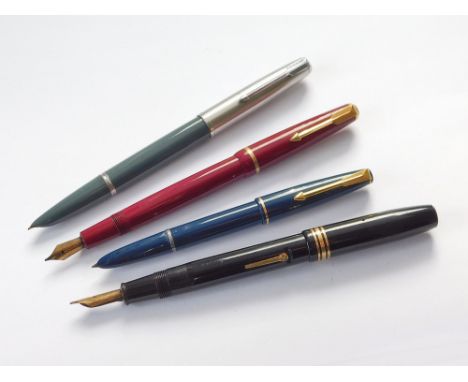 FOUNTAIN PENS. Four fountain pens including a Conway Stewart 58 (Clip & tassie screw missing) & three Parker fountain pens, a