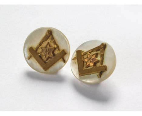 MASONIC BUTTONS. A pair of 19th century Masonic buttons or cufflinks, brass on mother of pearl.  #Please note that all items 