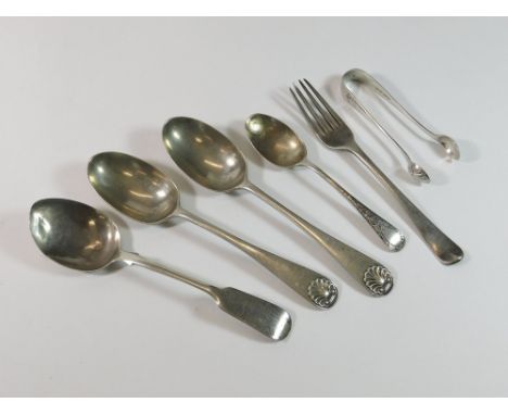 SPOONS ETC. A pair of Victorian dessert spoons, two other English hallmarked spoons, a fork & a pair of sugar tongs. Gross we