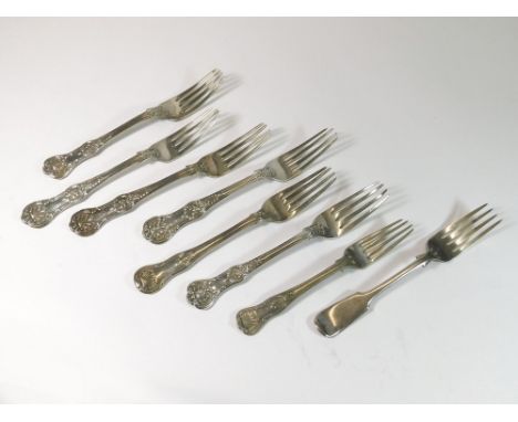 TABLE FORKS. Six various Victorian & earlier silver table forks. 534.7g. (17 t.oz.). Also, two silver plated forks.  Please n