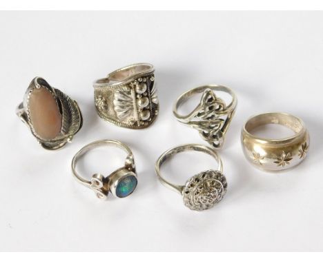 SILVER RINGS. Six various silver dress rings including marcasite & faux opal.  Please note that all items in this auction are