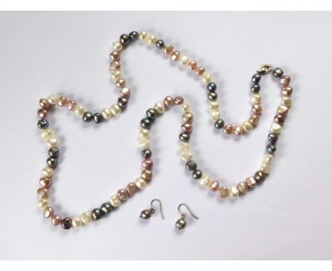 CULTURED PEARLS. A string of grey, white & pink cultured freshwater pearls with silver clasp. Length 90cm. Also, a pair of ma