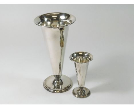 SILVER SPILL VASES. Two Norwegian silver spill vases, each with weighted base. Each stamped 830S. Heights 19.4cm & 10.9cm.  P