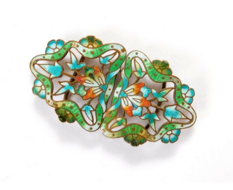 BUCKLE. A gilt metal, two-part enamelled buckle. Width 8cm. (Some restoration).  Please note that all items in this auction a