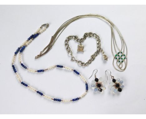 SILVER NECKLACE. A silver & malachite necklace, a small silver charm bracelet, a pair of glass bead earrings & a lapis lazuli