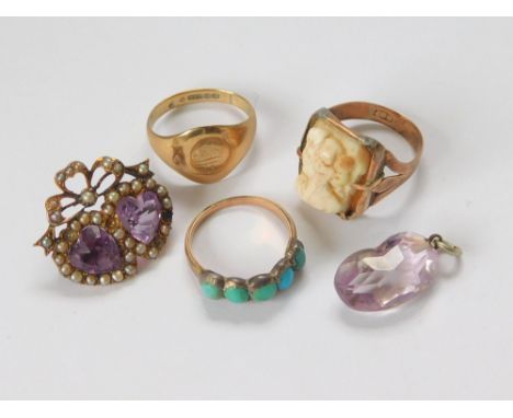 GOLD RINGS ETC. A 9ct. gold signet ring, a 9ct. gold dress ring set an agate cameo & a Victorian turquoise set ring. Also, an