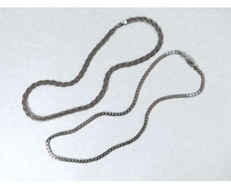 GOLD CHAINS. A 9ct. white gold plaited chain necklace, length 45cm. Also, a 9ct. white gold flat, curb link neck chain, lengt