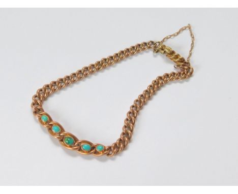 GOLD BRACELET. A 9ct. gold curb link bracelet, the front set a row of five graduated turquoise stones. Approx. 6g.  Please no