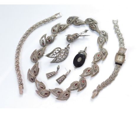 MARCASITE. Silver & marcasite jewellery including a silver, marcasite & garnet leaf necklace, a silver & marcasite dress watc