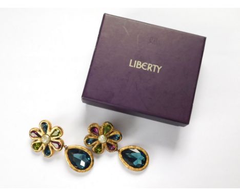 LIBERTY EARRINGS. A pair of gilt-painted composition ear clips, the fronts set with paste stones & faux pearl. Length 8cm. In