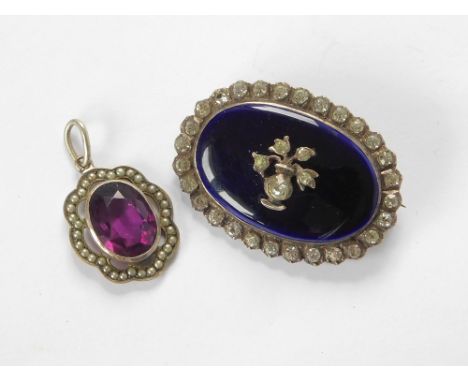 ENAMELLED BROOCH ETC. A silver coloured metal brooch, a paste set arrangement of flowers on a dark blue enamelled ground. Wid