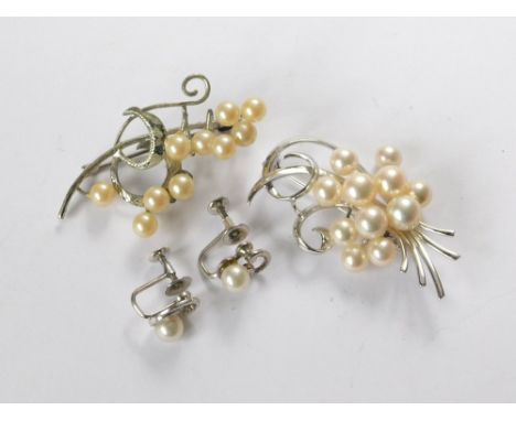 MIKIMOTO. A Mikimoto cultured pearl & silver brooch with similar Mikimoto earrings with screw fittings. Also, one other costu