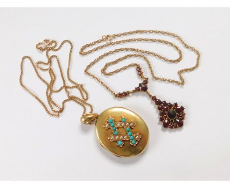 VICTORIAN LOCKET. A Victorian gold-plated locket, the front set and arrangement of turquoise & split pearls, hung on a 9ct. g