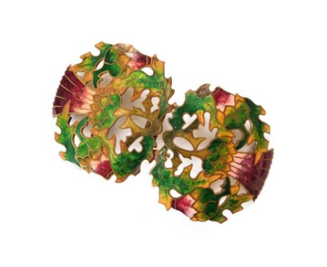 ENAMELLED BUCKLE. A gilt metal, two-part enamelled buckle of thistle design (some enamel loss). Width 10cm.  Please note that