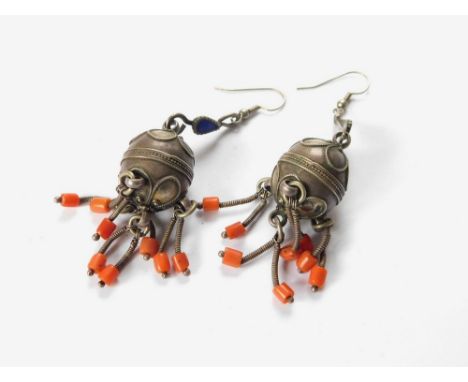 MIDDLE EASTERN EARRINGS. A pair of silver coloured & gilt coloured metal earrings, set with blue enamel & hung with coral bea