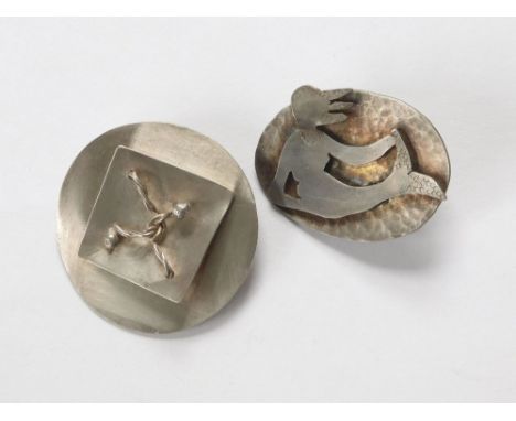 HAND MADE SILVER. A hand made silver Cornish mermaid brooch by HW & one other artist silver brooch by MW. Largest diameter 4c