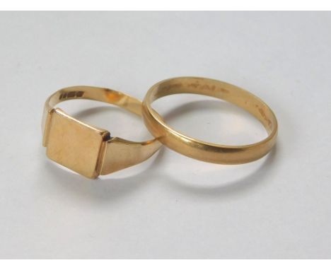 GOLD RINGS. A 9ct. gold plain wedding band, size T & a 9ct. gold signet ring, size N. Approx. 3.7g.  Please note that all ite