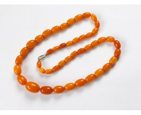 AMBER NECKLACE. An amber necklace of graduated, butterscotch coloured beads. Length 57cm. Largest bead 2 x 1.4cm.  Please not