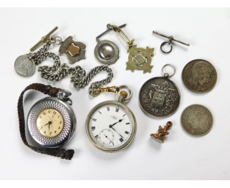 POCKET WATCHES ETC. A nickel plated open face pocket watch hung on a silver plated watch chain with a silver fob & late 19th 