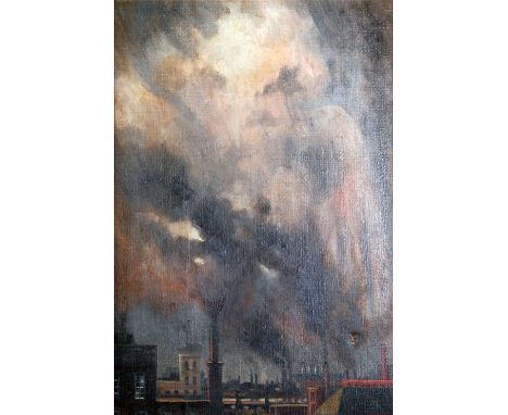 S. MILLS (20th CENTURY) OIL ON CANVAS Industrial town scene Signed 22" x 15" (55.9 x 38.1cm)