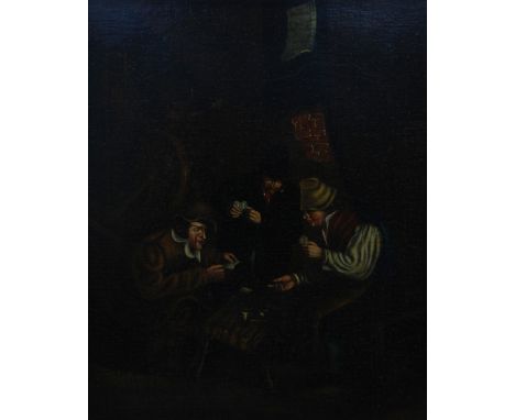 UNATTRIBUTED (Nineteenth Century Dutch School) OIL ON RE-LINED CANVAS Interior scene with three men playing cards 21" x 17" (