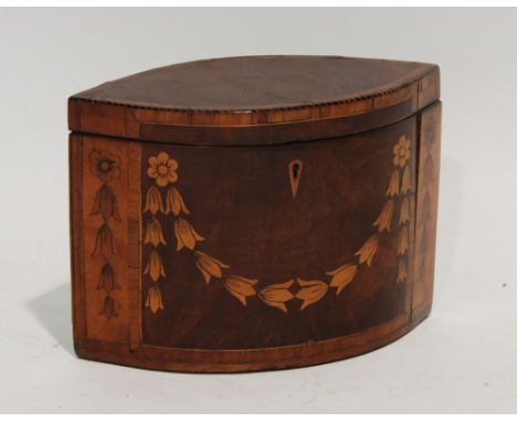 GEORGE III INLAID MAHOGANY TEA CADDY, of elliptical form, the front decorated with bell flower swags beneath a crossbanded co