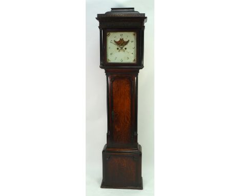 LATE EIGHTEENTH CENTURY MAHOGANY CROSSBANDED OAK LONGCASE CLOCK  with rolling moonphase, the 13" painted Arabic dial with moo