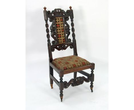 ANTIQUE CARVED OAK SINGLE DINING CHAIR, the back with barley twist uprights flanking a crown pattern cresting and central uph