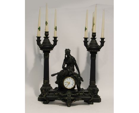 MODERN MOULDED BLACK COMPOSITION THREE PIECE CLOCK GARNITURE, in the French taste, the clock with 3 1/2" dial and battery ope