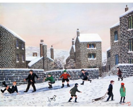 TOM DODSON (1910 - 1991) ARTIST SIGNED COLOUR PRINT Street scene with children playing in the snow Signed and with blind stam