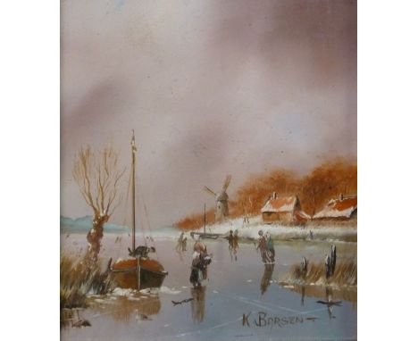 K. BARSEN (MODERN PASTICHE) PAIR OF OIL PAINTINGS ON PANEL Frozen river landscapes with skaters both signed lower right 15 3/