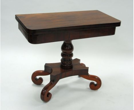 EARLY NINETEENTH CENTURY MAHOGANY PEDESTAL CARD TABLE, the rounded oblong, fold-over top with green baize lined interior, abo