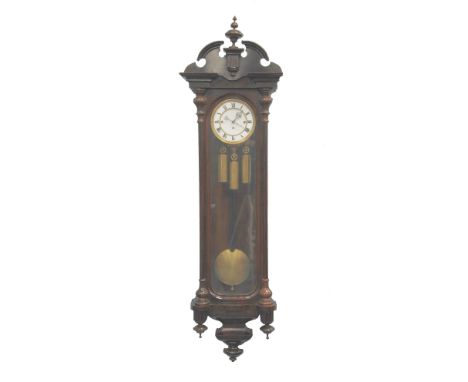 GOOD QUALITY EARLY TWENTIETH CENTURY TRIPLE WEIGHT VIENNA WALL CLOCK, the 6 1/4" two part enamelled Roman dial powered by a t