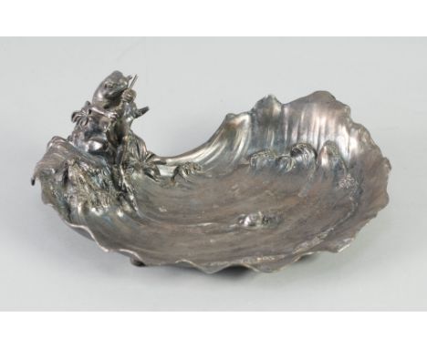 A WMF ELECTROPLATED WHITE METAL ART NOUVEAU SHALLOW CURVILINEAR DISH, the aquatic theme with a seated frog playing a flute, a