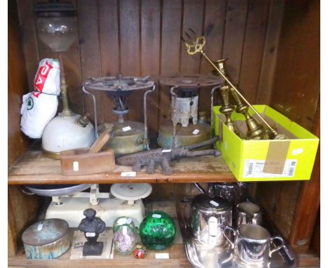 A selection of metal-ware to include Primus stoves, brass-ware, a small plane, weighing scales, tray with tea-ware, "Daddy Du