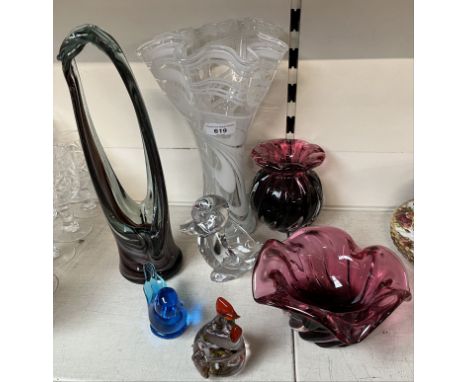 Art glass - a vase and a bowl by Chribska, a signed bird, Vannes art crystal etc.  Tallest item 31cm high  (7 items) 