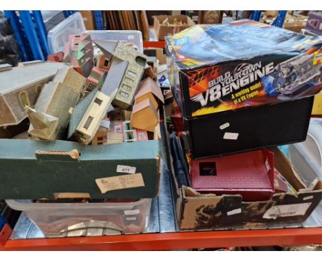 4 boxes of model railway items to include buildings, trck, controllers, farm set, diecast vehicles and a build your own V8 en