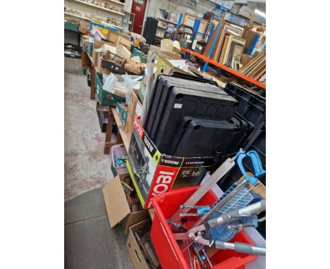 Approx. 20 boxes ( 3 table tops ) of miscellaneous items including garage ware, stackable shelving units, 2 boxes of shoes, 2