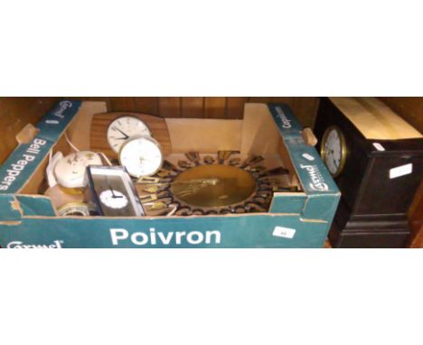 A box of clocks including Victorian black slate mantle clock, Nova sunburst clock, two Westclox alarm clocks and a repeater t