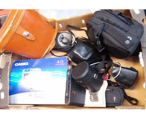 Various cameras, binoculars, etc. and a box of tools / garage-ware to include pillar drill stand, kitchen scale and weights, 