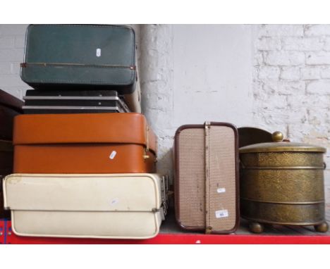 4 vintage carry cases and 1 suitcase together with a brass coal scuttle with lid, a copper planter and another. 