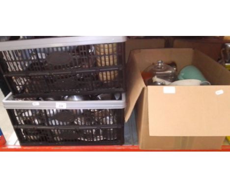 A box of stainless steel ware, a box of miscellaneous to include Aynsley Merseyside Police saucers, kitchenware, cutlery, 2 b