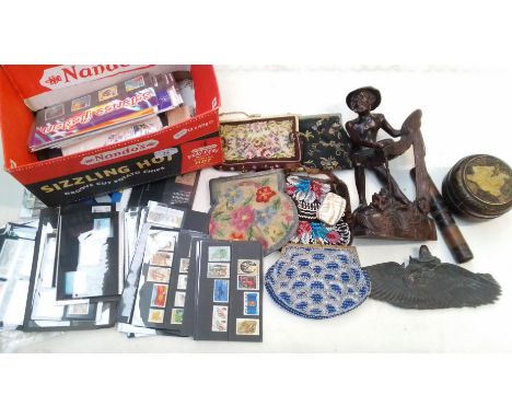 A mixed lot of collectables including Chinese pewter dish, Eastern carved wood figure, Chinese lidded dish and a wooden case 